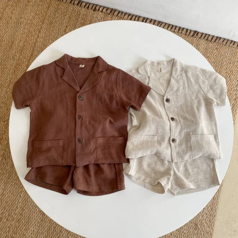 Korean Style Children's Clothing Sets 2025 Summer Baby Boys Short Sleeved Cotton Solid Color Shirt+Shorts Kids Girls 2Pcs Suit