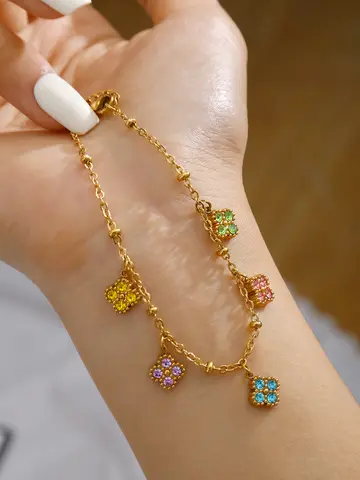 Japan And South Korea Niche Exquisite Light Luxury Stainless Steel 18K Gold-Plated Colorful Lucky Four-Leaf Clover Bracelet