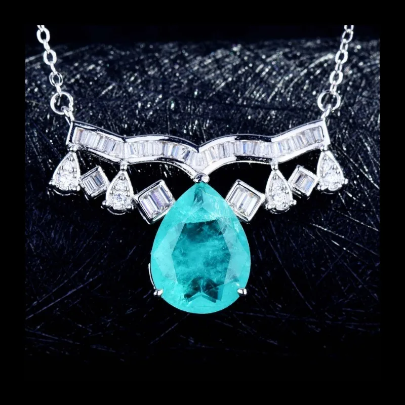 مجموعة بارايبا المقلدة المباشرة، قلادة التاج الماسية الكاملة الفاخرة، أقراط على شكل كمثرى، حلقة مفتوحة.