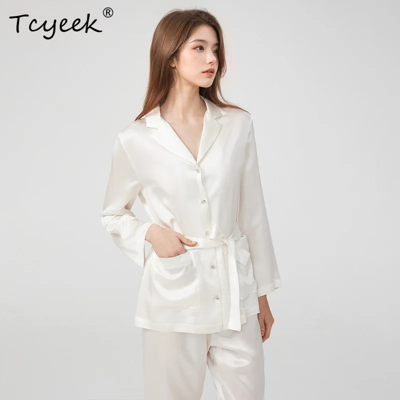 

Tcyeek, 100% Silk Casual Sleepwear Set, Women's Long Sleeved Top, Solid Color Home Suit Set, 2024 Summer and Autumn S48026KS