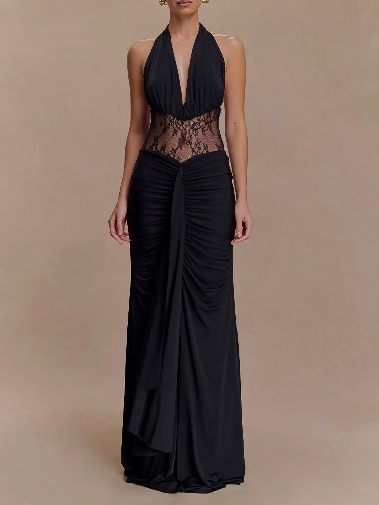 Absobe Damska Sukienka Maxi z Marszczeniami, Łączona z Przezroczystej Koronki, Głęboki Dekolt V, Wiązana na Szyi, Bez Pleców, Rozkloszowana, Wyszczuplająca, Długa Sukienka Wieczorowa Vestido