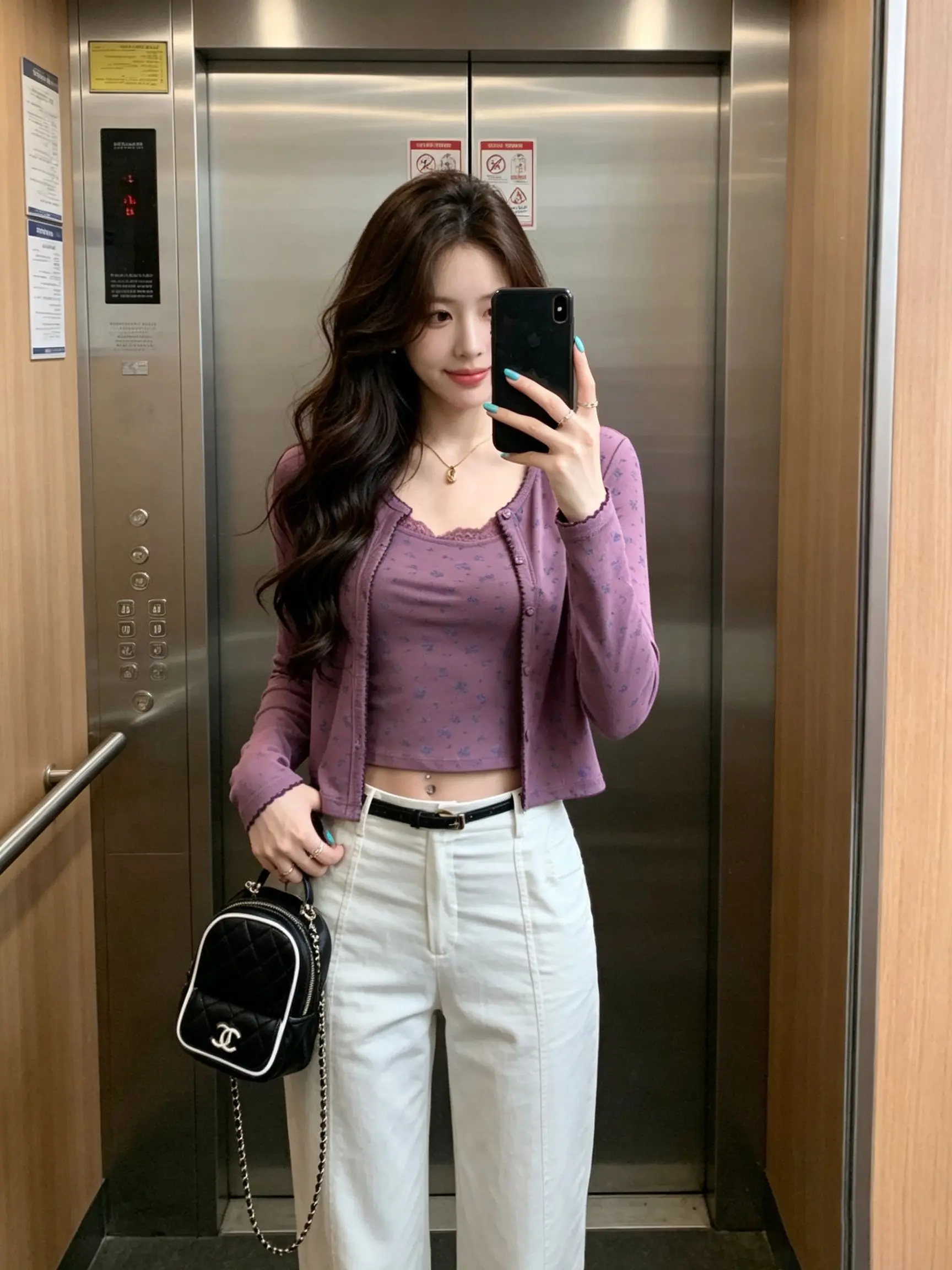 Sweet Style Purple Floral Short Knitted Cardigan Women's Slim Fit Lace Trimmed All-Match Design Sensation Outerwear