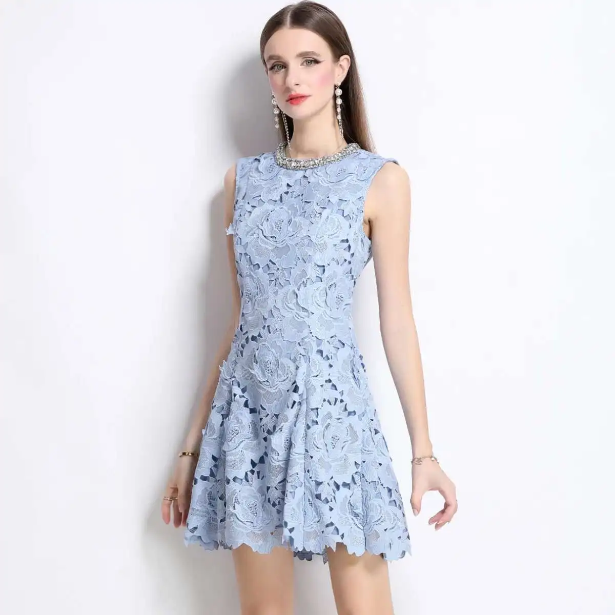 

Luxury Crystal Lace Formal Dress Women Summer Elegant Beading Hollow Out Embroidery Prom Evening Party Short Dresses Blue