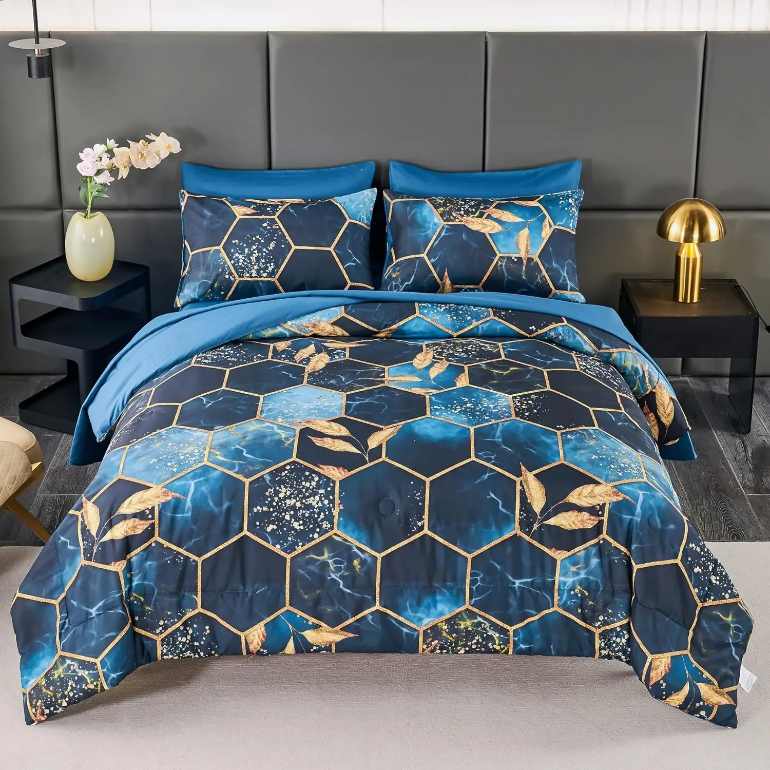 

7 Pieces Blue Gold Bed in A Bag Full Geometric Hexagon Theme Bedding Sets Gold Trim Comforter Set, Luxury Steel Blue Gold Foil