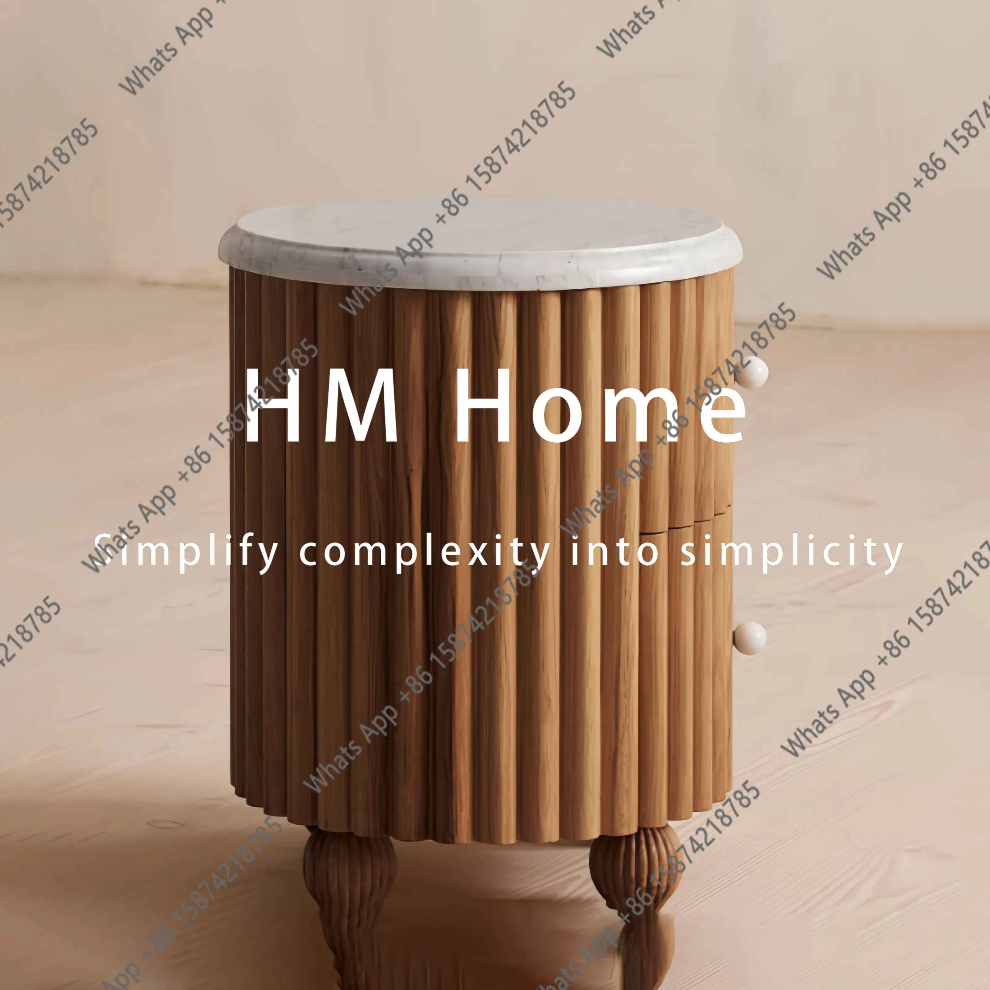 Zx Medieval Style Solid Wood Cylinder Home Designer Bedside Table Marble Surface Locker Double Drawer Storage Edge Few