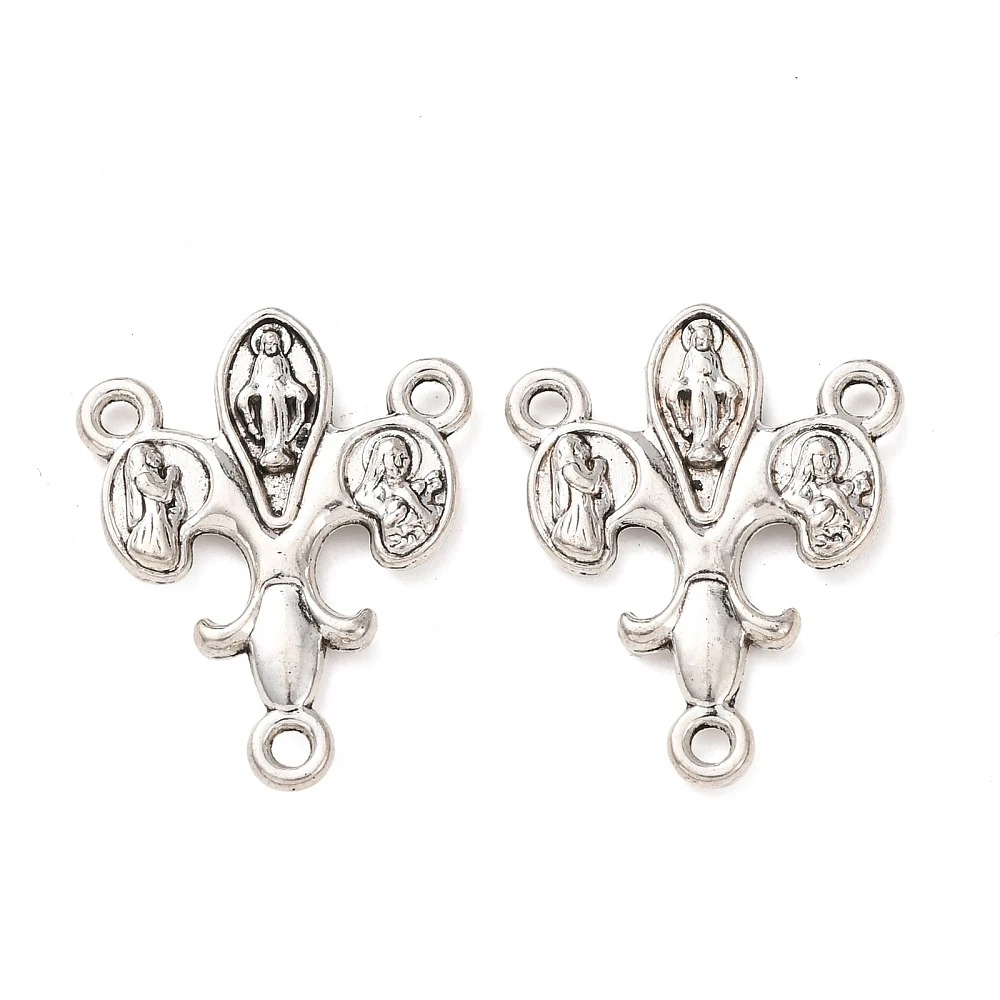 50pcs Tibetan Alloy 3-Loop Chandelier Component Link Cross Flower Religion Virgin Rosary Center Connector for DIY Jewelry Making