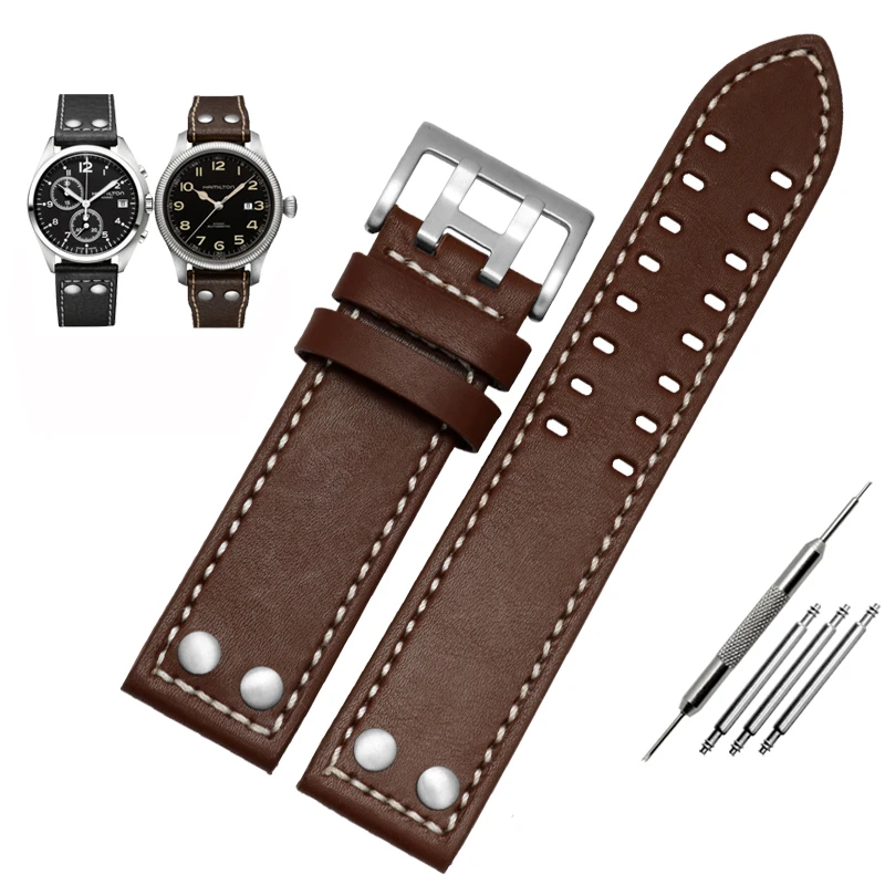 Genuine Leather Watchband for Hamilton Khaki Aviation Field Series Men\'s Watch Band Bracelte with Rivets Strap Brown 20mm 22mm