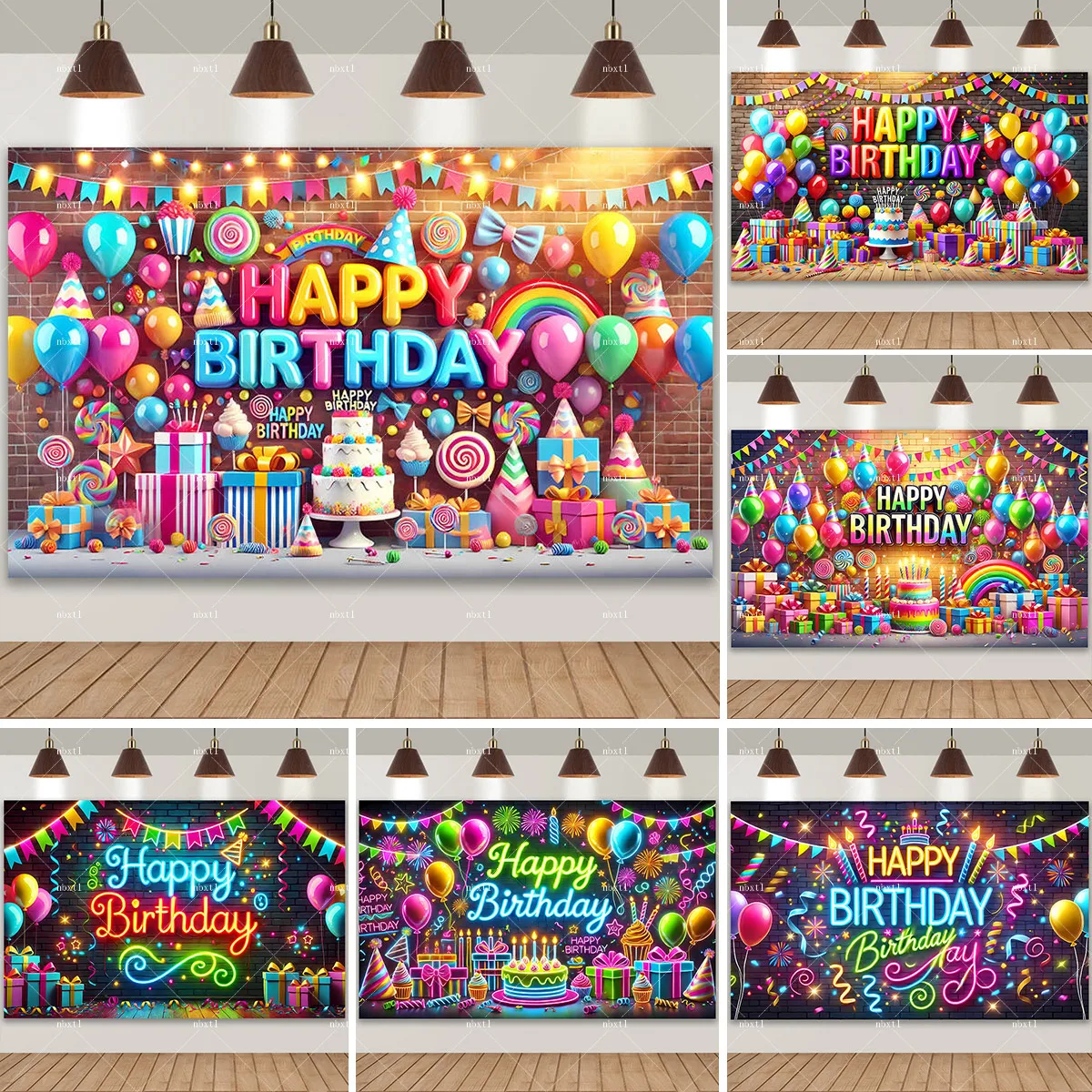 

Neon 3D Carnival Birthday Background Balloon Rainbow Cake Theme Birthday Party Decor Boys and Girls Gift Photography Background