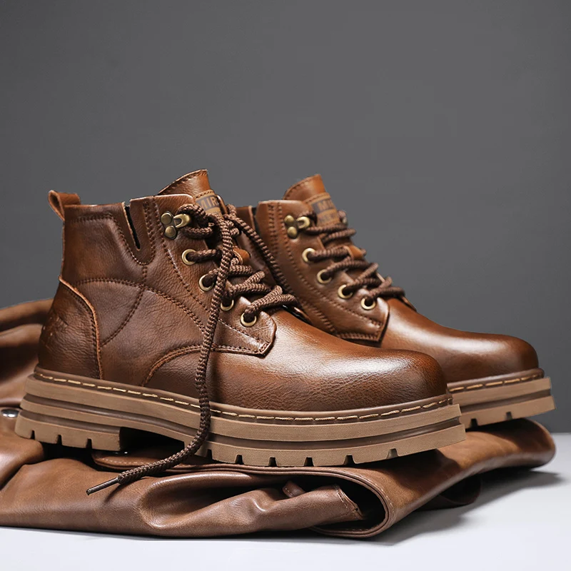 Winter Classic Mens High Top Boots Man Korean Version Casual Shoes Male Leather Fashion Boots Luxury Brand Men's Lace-Up Shoes