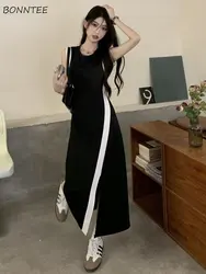 Midi Dresses Women Summer Sleeveless Simple Fashion Sweet Elegant Patchwork Leisure Empire A-line Tender Slit Korean Style Daily