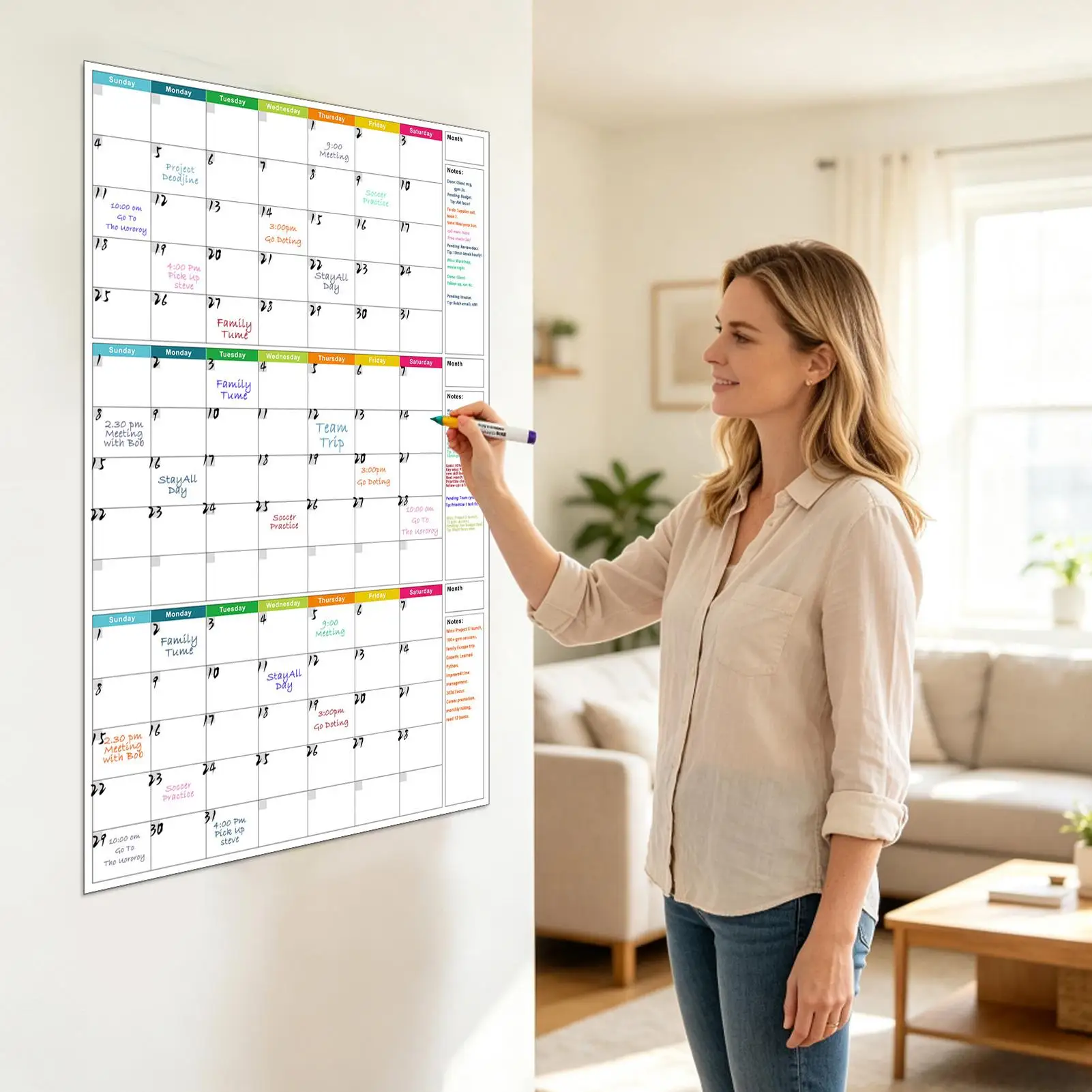 Erasable whiteboard calendar Dry Erase Calendar 3-Month Reusable Undated Erasable Planner Erasable Wall Calendar with 4 Markers