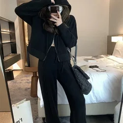 Women's Hooded Knit Sweater Suit, Wide-leg Pants, Lazy Casual Knitwear, Cardigan Lady Set, Spring and Autumn Suit