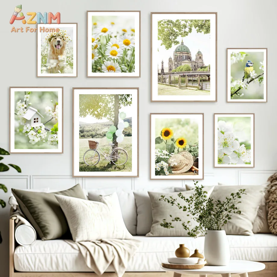 AZNM Green Nature Spring Daisy Dog Berlin Cathedral Canvas Wall Art Print Decor