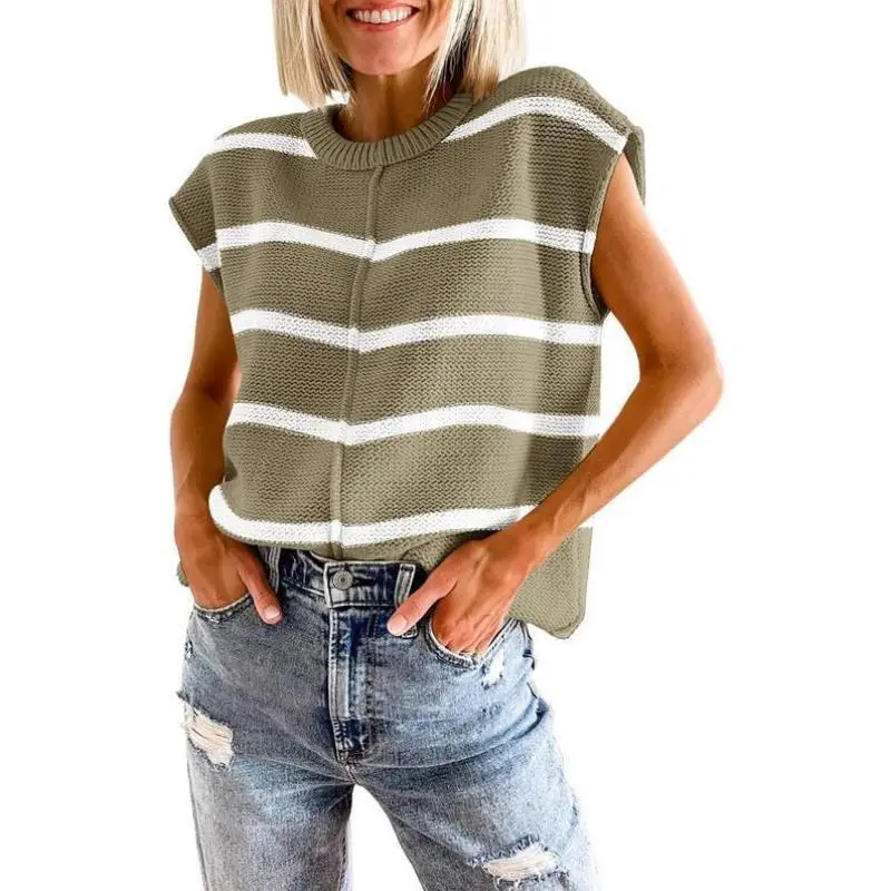 

Women's Casual round Ne ort Sve Vest Striped Knitted Sweater Ci Walk Collar Nine Points Sve Coolmax Fabric