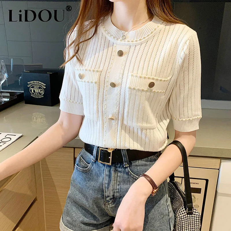 2023 Summer New Short Sleeve Knitting T-Shirts Women Round Neck Button Hollow Out Pullovers Fashion Elegant Sweet Tops Ladies