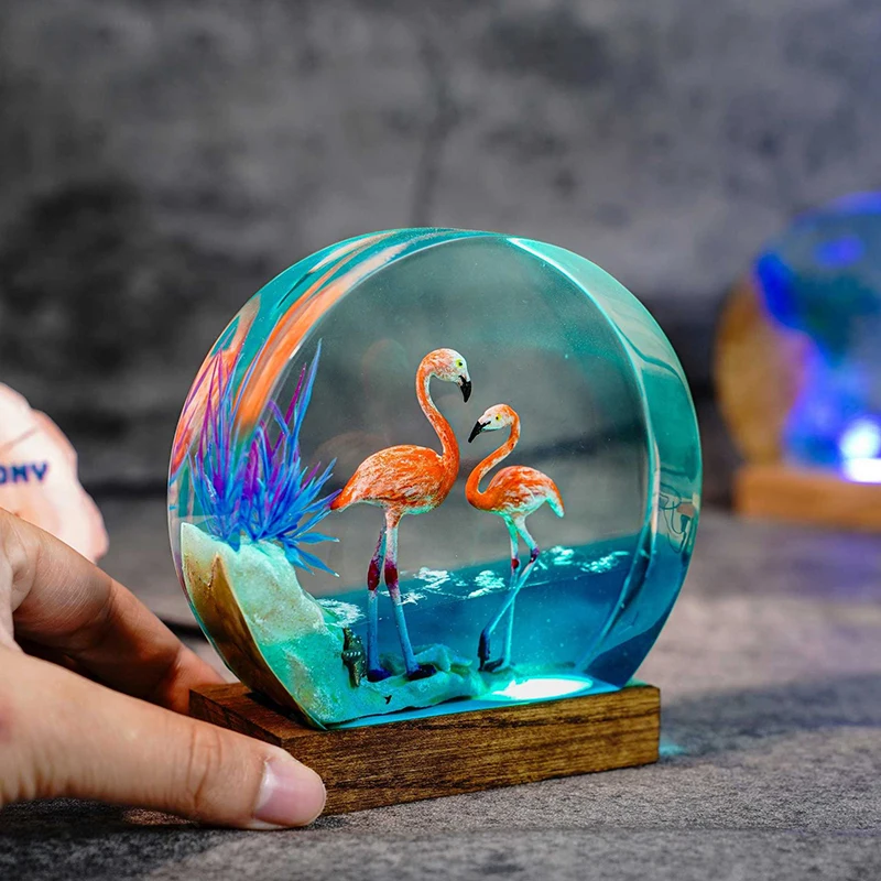 Flamingo คู่ Ocean เรซิ่นโคมไฟภูมิทัศน์ธรรมชาติตาราง Creative Art ตกแต่งโคมไฟธีมสัตว์ Night Light ชาร์จ USB