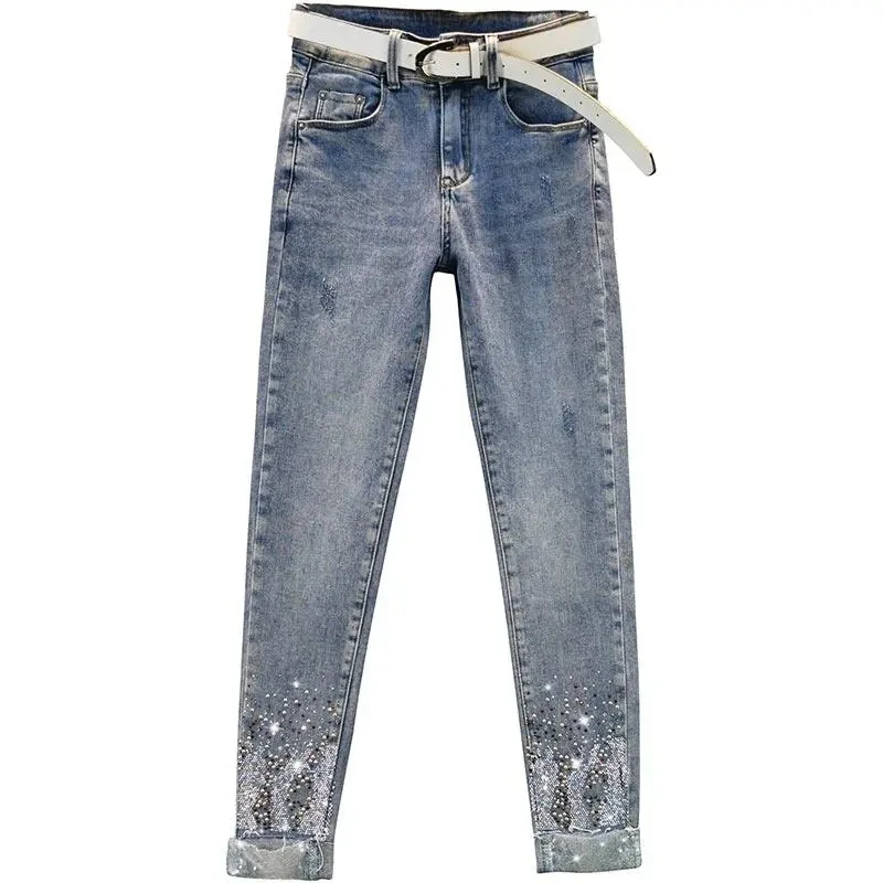 

Elastic Jeans for women 2026 Spring Autumn New Sequin Hot stamping Skinny pencil pants Women's Casual Denim Ankle length Pants