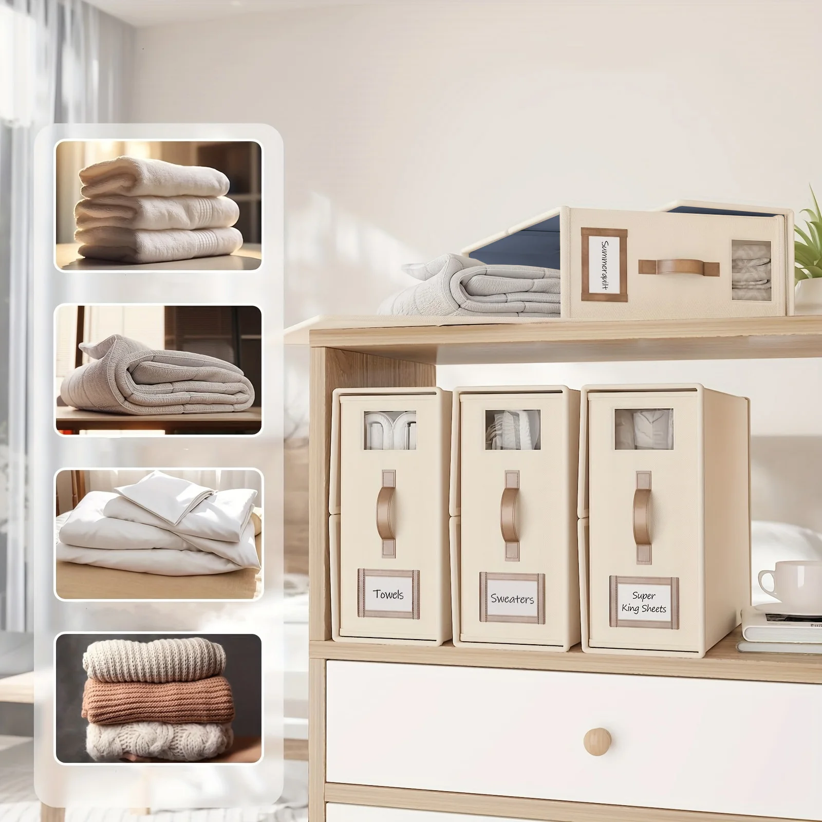 Multi Piece Cotton Quilt Storage Box, Pu Handle, Large Capacity, Divided Into Cells For Wardrobe Organization