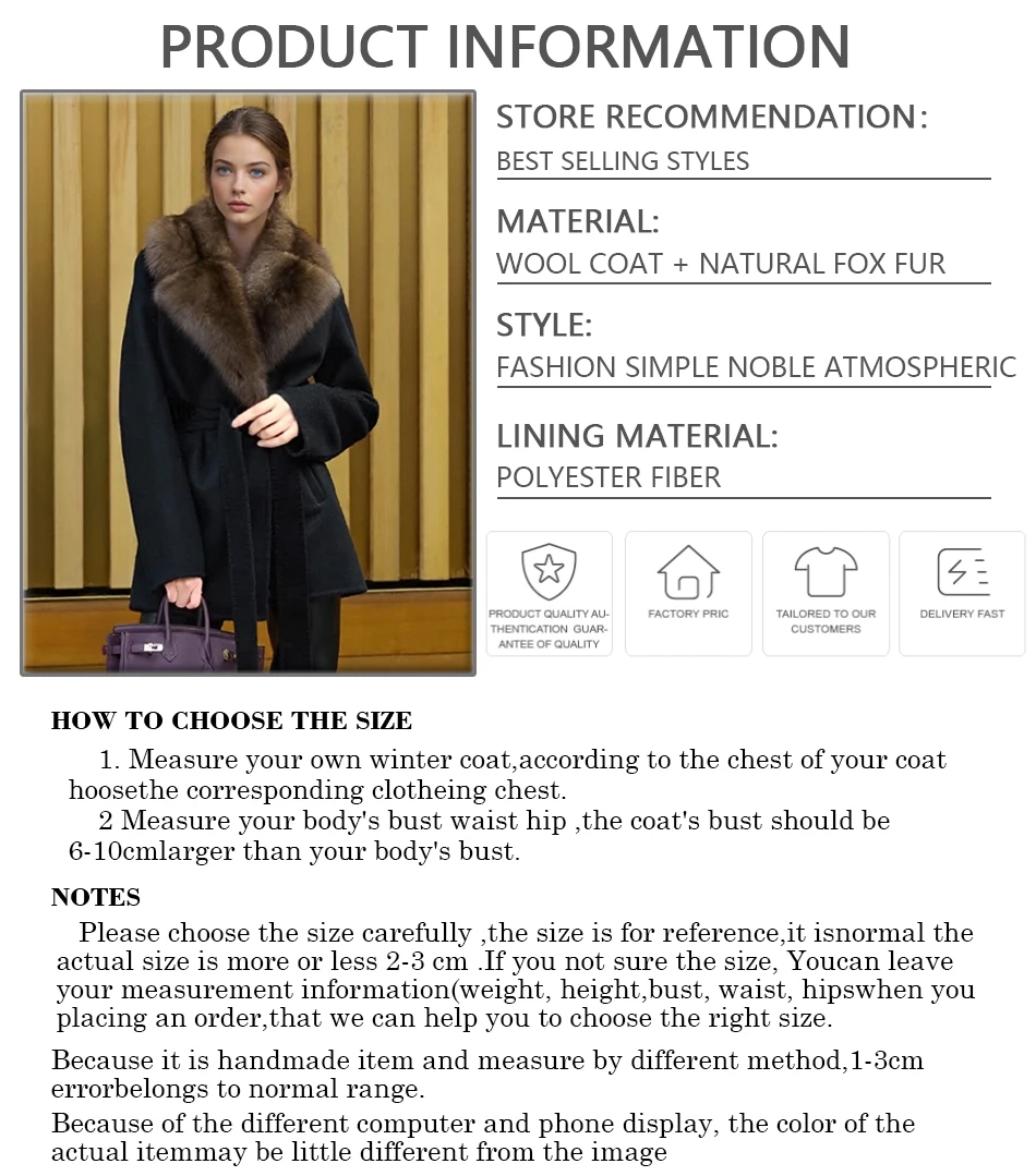 معطف قصير من صوف الكشمير الأسود مع ياقة فرو الثعلب سترة شتوية نسائية معطف فرو الثعلب الطبيعي سترة مزيج الصوف الأكثر مبيعًا