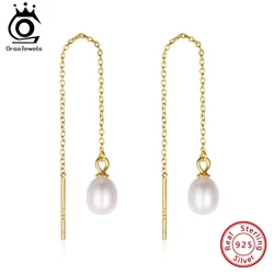 ORSA JEWELS Exquisite 14k Gold Pearl Tassel Drop Earring 925 Silver Simple Natural Pearls Long Ear Line Dangle Earrings GPE75