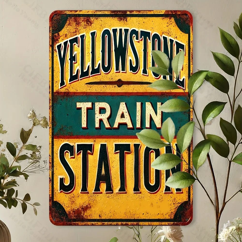 1pc Yellowstone Train Station Metal Aluminum Sign Vintage Iron Wall Art Rustic Decor for Cafes Man Caves Ideal for Home Spaces