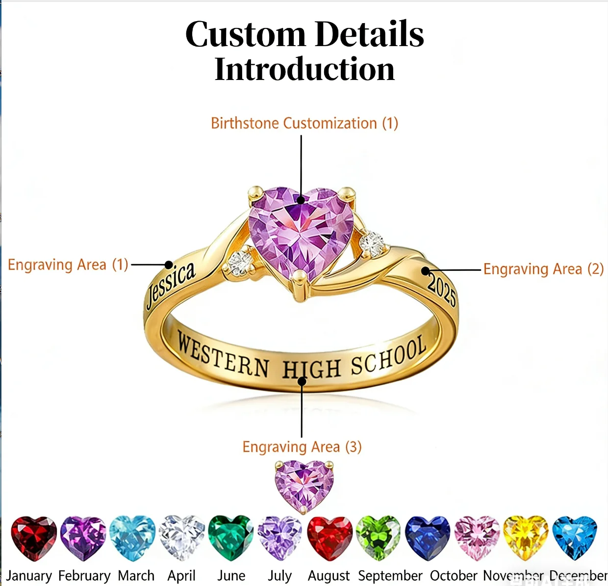 

Подарок на выпускной 2026: Женское ювелирное украшение на заказ, персонализированное классическое кольцо в форме сердца с камнем по месяцу рождения