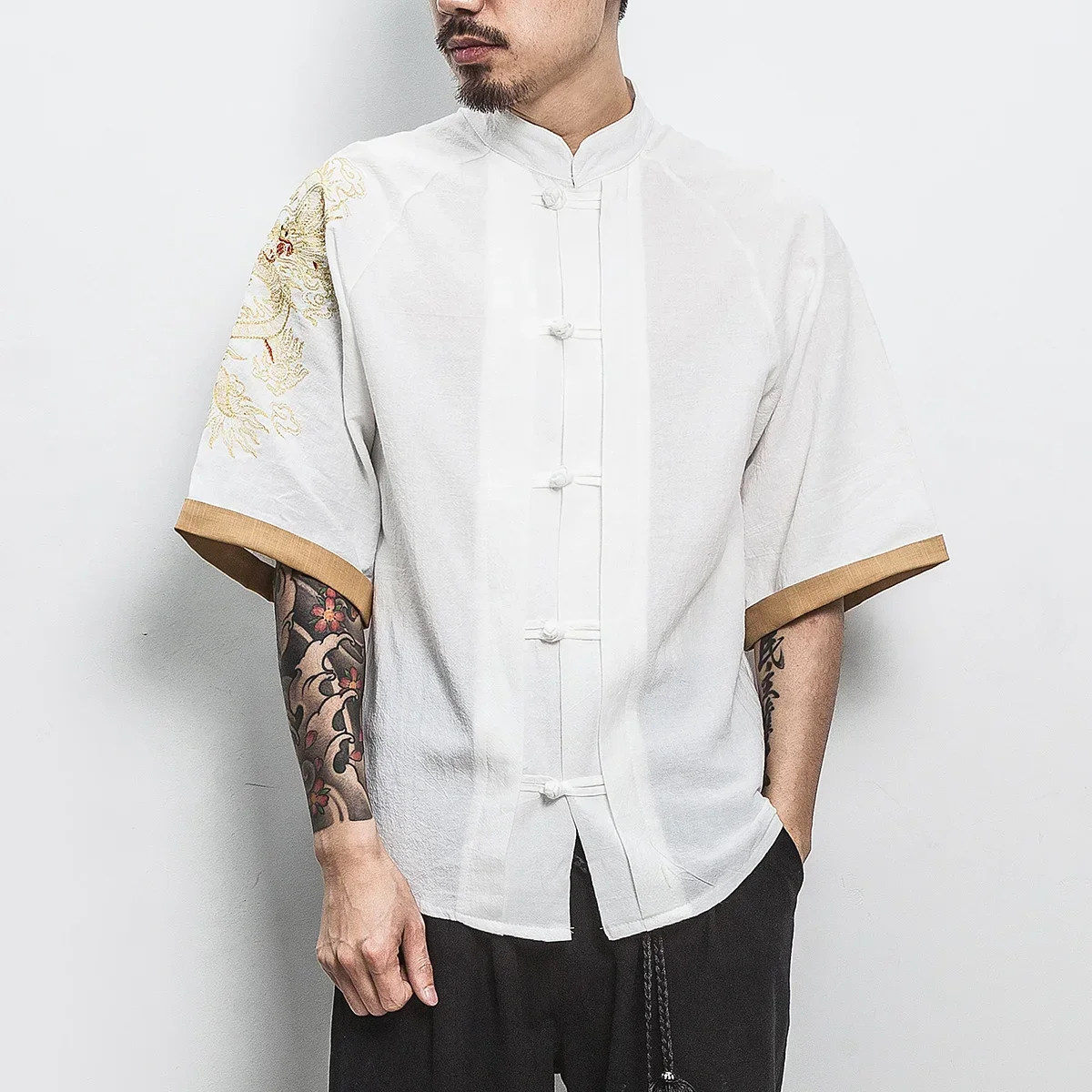 Embroidery Golden Dragon Shirts Men\'s Chinese Style Retro Linen Kungfu Short Sleeve Cardigan Mens Casual Novelty Loose Shirt Men
