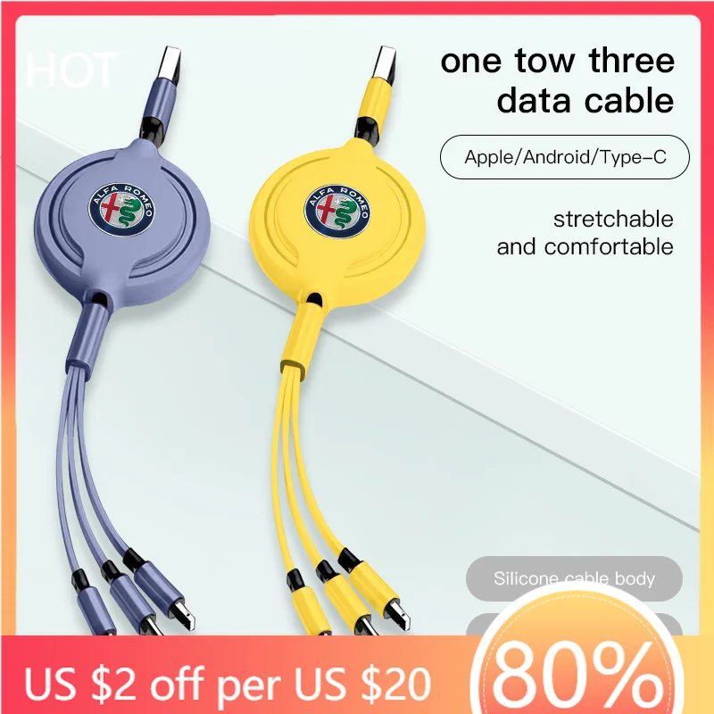 Cable de carga y datos para interior de coche, cargador de teléfono 3 en 1 escalable para Alfa Romeo 156 159 147 4C 8C 166 Giulia Giulietta Mi