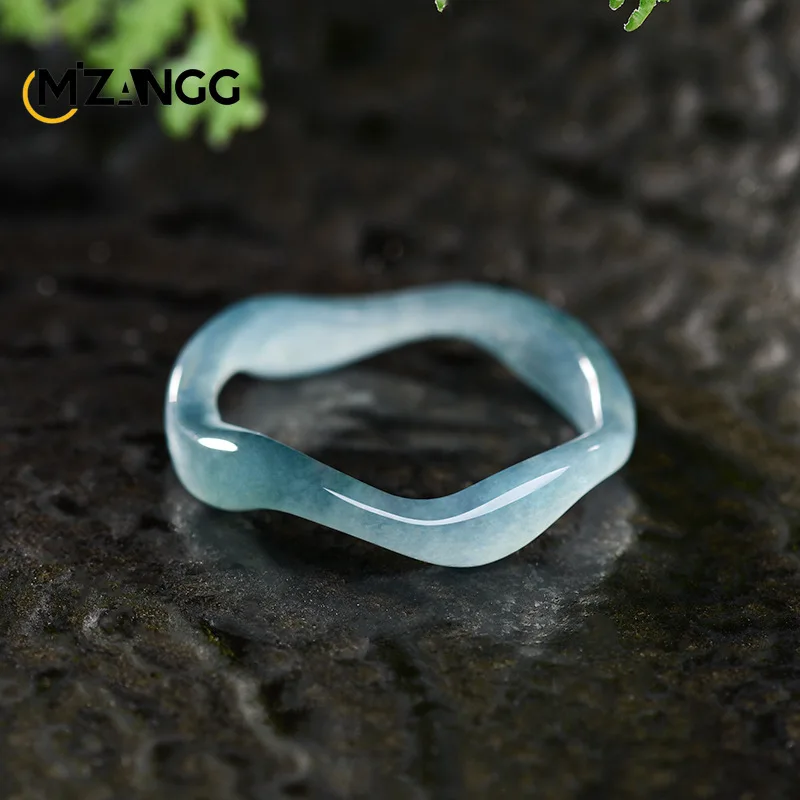 

Natural Jadeite Blue Water Ripple Ring Exquisitely Carved Unique and Distinctive Ice-Type Jade Ring Unisex Perfect Holiday Gift