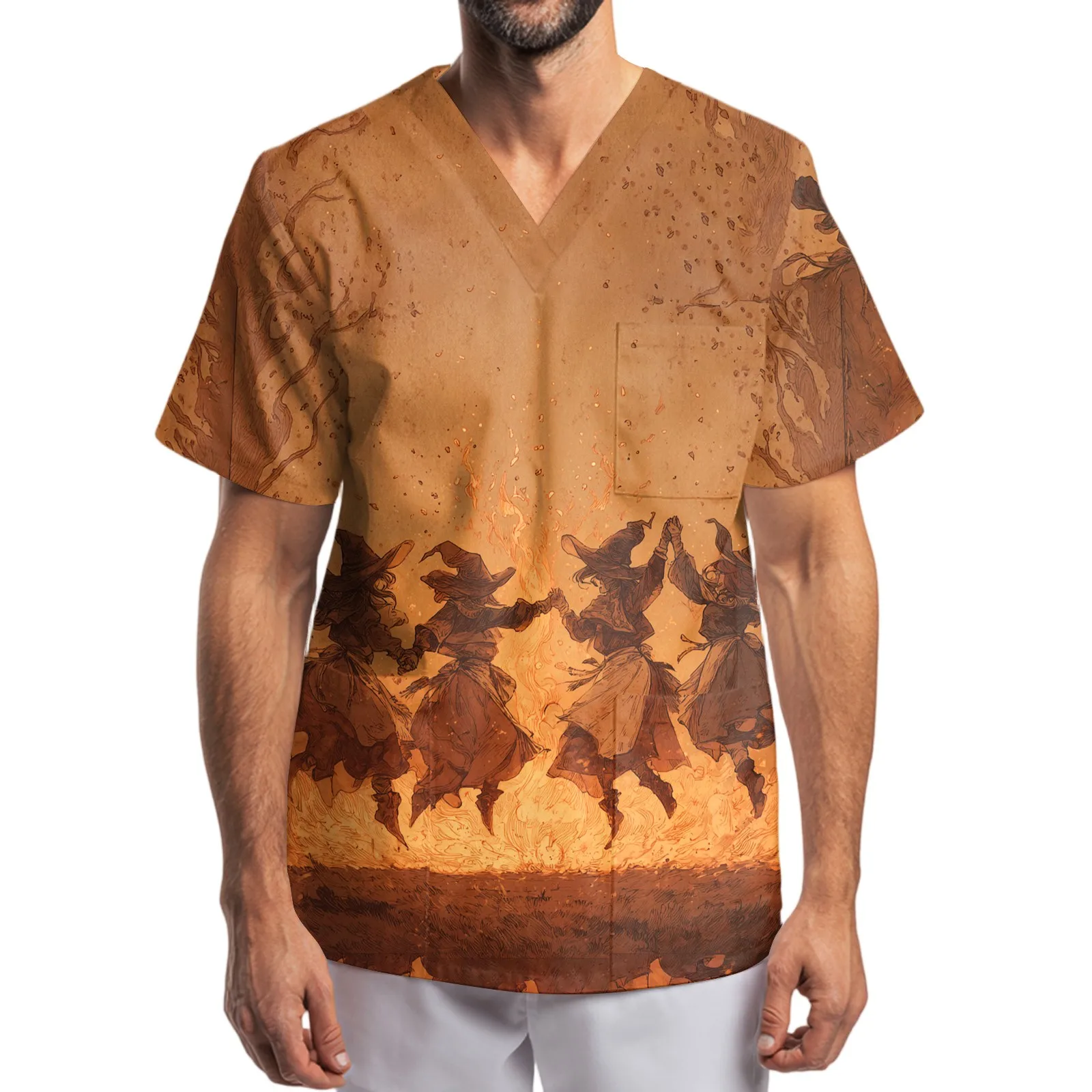 Halloween Wizard Fire Dance Graphic Cotton Tshirt Mystical Halloween Top Sorcerer Flame Print Tee Magical Party Apparel