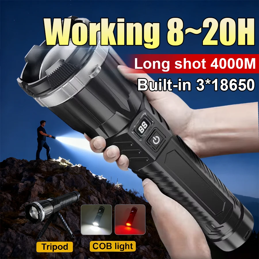 

Работа 20 часов Сверхмощный фонарик 3*18650 Аккумуляторная батарея Сверхмощные фонарики Кемпинг Охота Прожектор Факел COB Light Со штативом