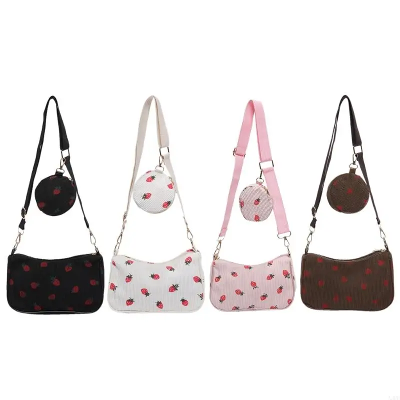 

A3PE Stylish Women's Corduroy Crossbody Bag Practical Strawberry Satchel Large Capacity Shoulder Purse for Various Occasion