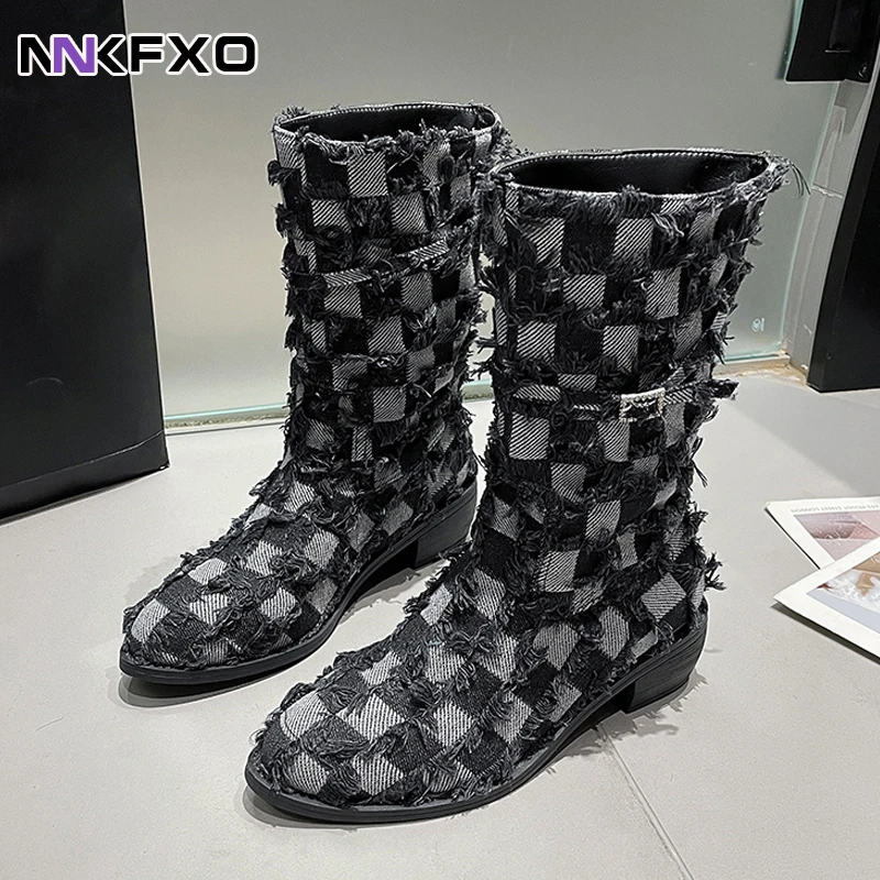 

2023 Women's Fashion Retro Chessboard Grid Mid Calf Boots Female Autumn Winter Half Boots Pointed Toe Square Heels Boots bc7174