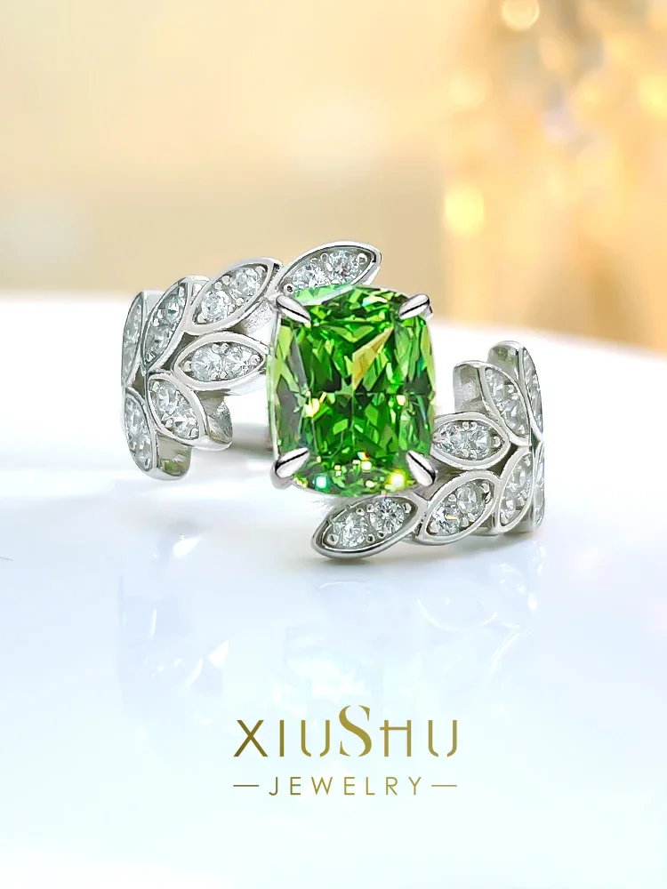 Light Luxury Leaf Apple Green 925 Silver Small Fresh Ring High Carbon Diamond  Design Versatile Fashion