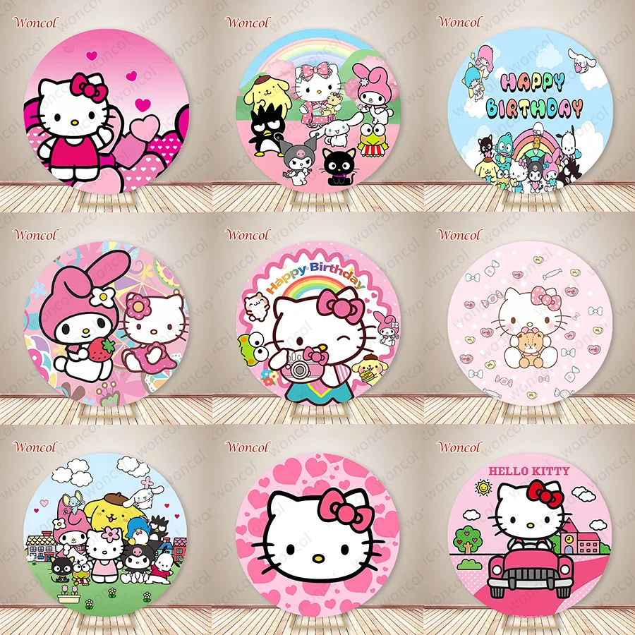 Fondo redondo de cumpleaños de Hello Kitty, telón de fondo Cinnamoroll Kuromi My Melody, cubierta redonda personalizada Badtz-Maru Keroppi, accesorio para Baby Shower