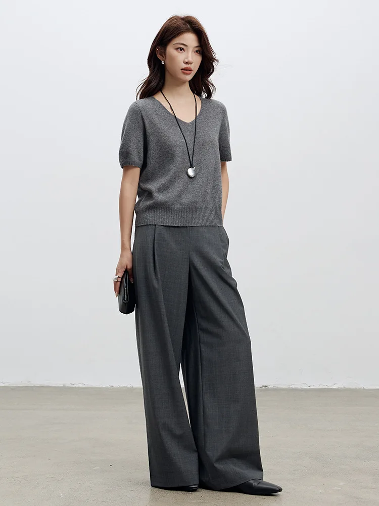 

Birdtree 91.8% Sheep Wool 8.2% Mulberry Silk Solid Sweater,Woman Flocking V-neck Autumn Short Sleeve Knit Shirt Tops T58507JF