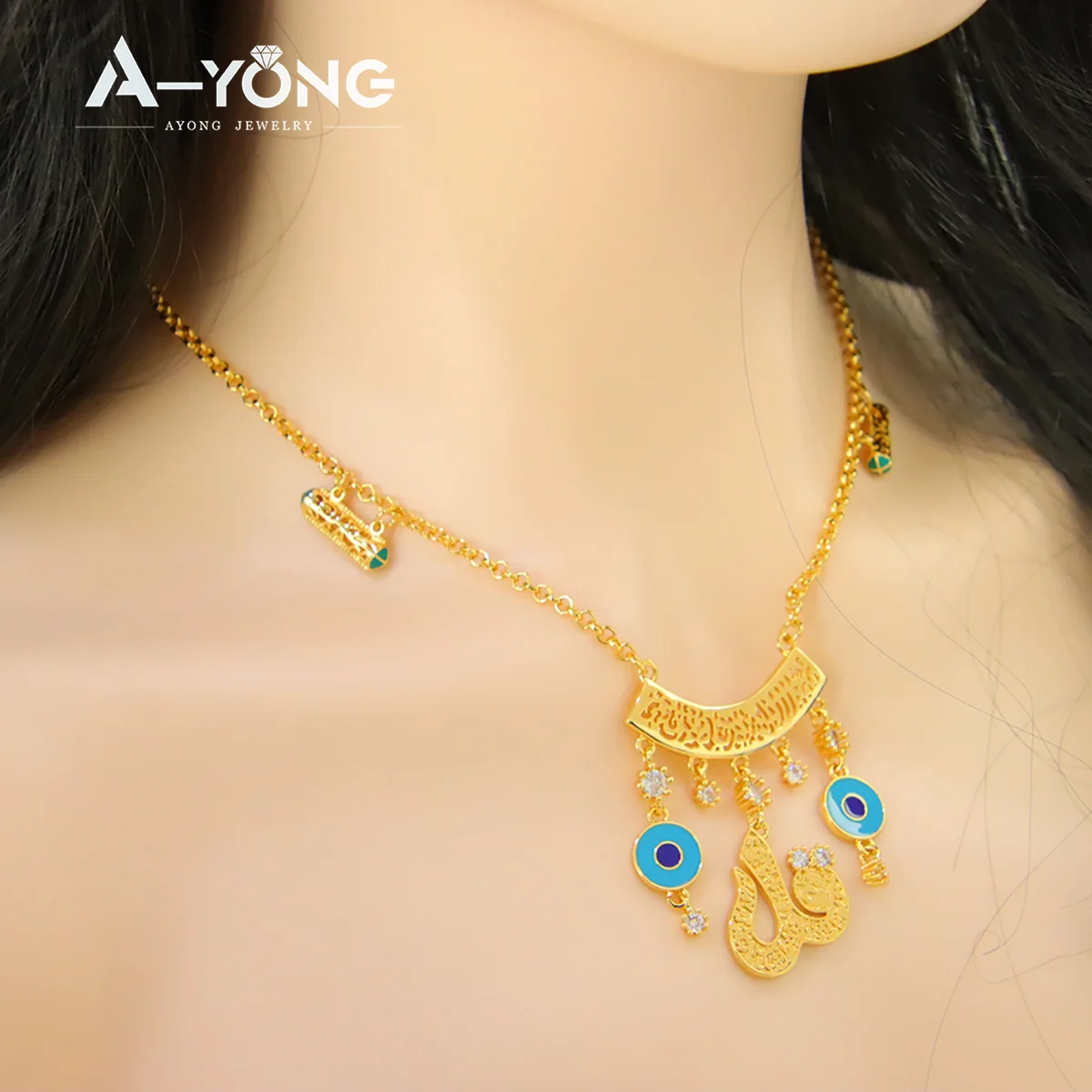 Saudi Letter Long Necklace 21k Gold Plated Personality Blue Eyes Arab Women Choker Dubai Bridal Wedding Banquet Accessories