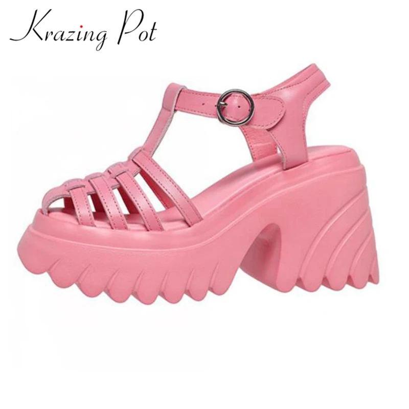 Krazing Pot 2024 Cow Leather Platform Buckle Straps Round Toe Summer Shoes Waterproof Fairy Thick High Heels Sexy Sandals Women