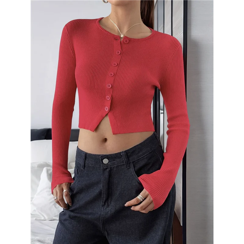 FX-женские топы с длинными рукавами, осенний кардиган, укороченная рубашка, милый модный воротник на пуговицах в рубчик