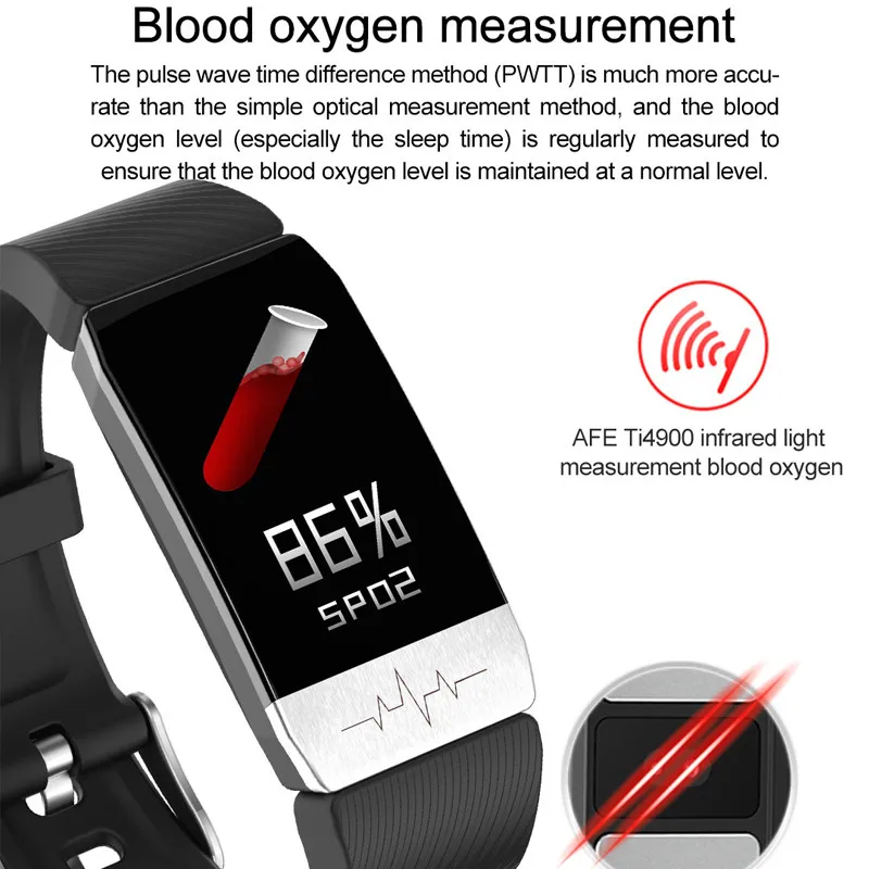 T1S Body Temperature Smart Bracelet Measure ECG Heart Rate Pressure Monitor Watch Weather Forecast Band Drink Remind Smartwatch