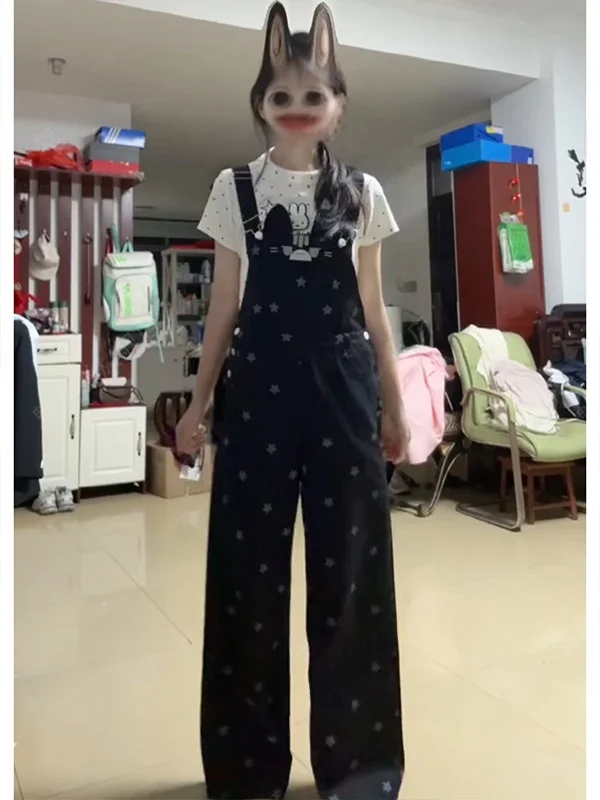 Sweet Japanese Style Star Print Overalls Women's Summer New Loose Casual Long Jeans High Waist Straight Leg Denim Pants