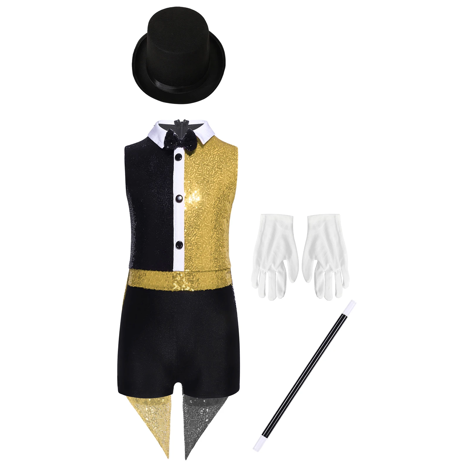 

Circus Magician Performance Cosplay Costume Bow Tie Buttons Jumpsuit And Hat Gloves Magic Wand Magic Showing Outfits