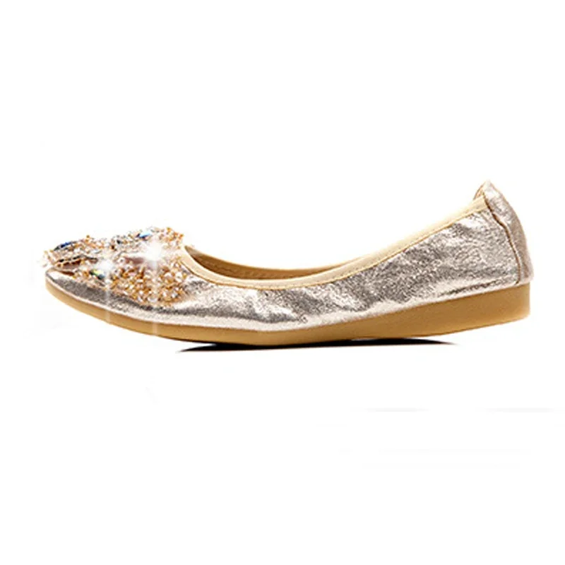 YAERNI Women Crystal Ballet Flats Size 34-43 2021 Spring Solid Gold Bling Cloth Pointed Toe Slip-On Flat Shoes Woman