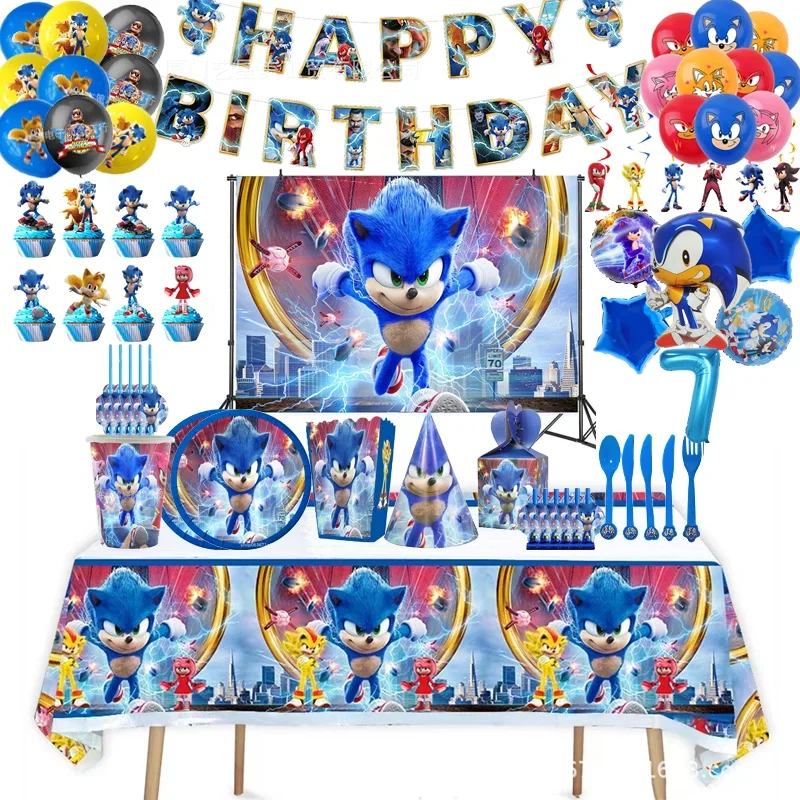 Sonics Birthday Party Decoration Kids Tableware Supplies Cup Tablecloth Numbers Balloon Cake Toppers Backdrop Baby Shower Gifts