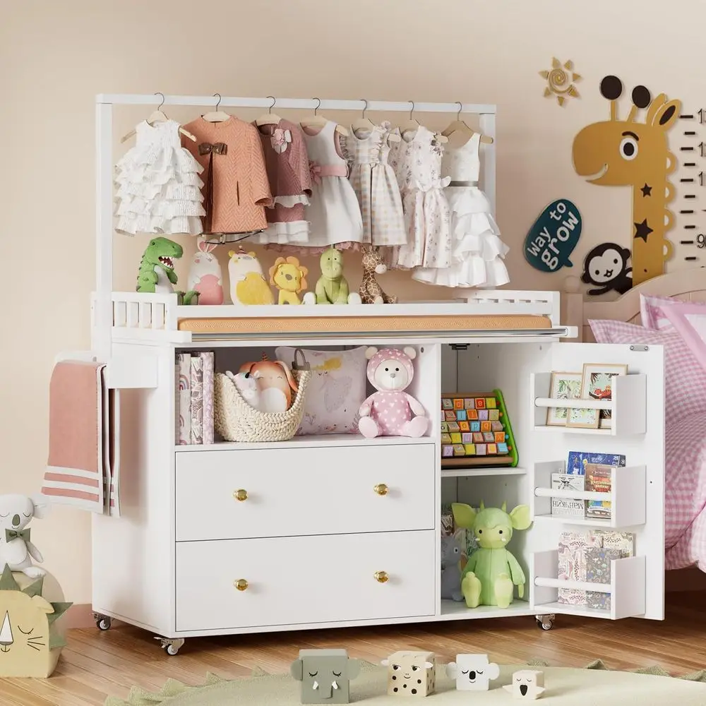 

Portable Baby Diaper Changing Station with Wheels, Wide Top, Clothes Rail, and Storage Cabinet for Nursery and Kids