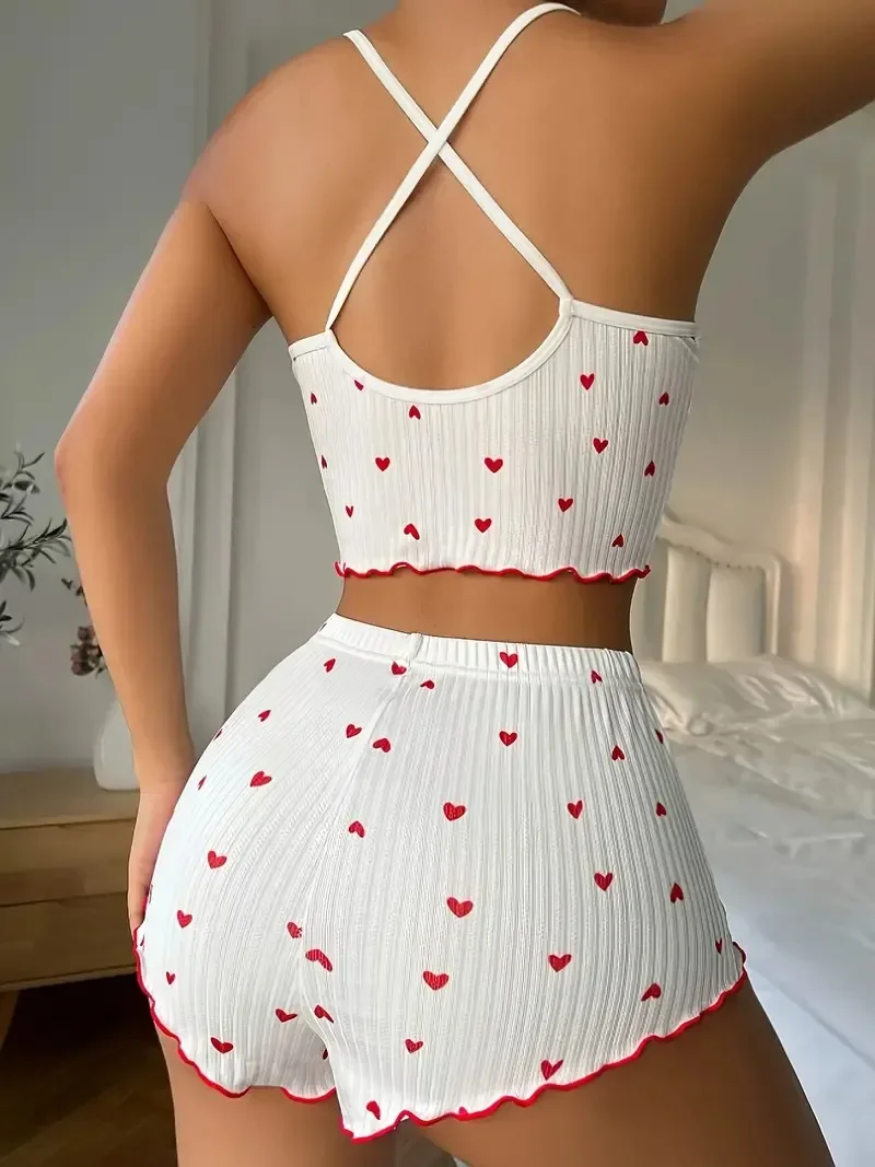 Sleepwear Women Pajamas Set Heart Print Soft Ribbed Fabric with Flirty Frill Trim Casual Cami Top and Shorts Sets Loungewear