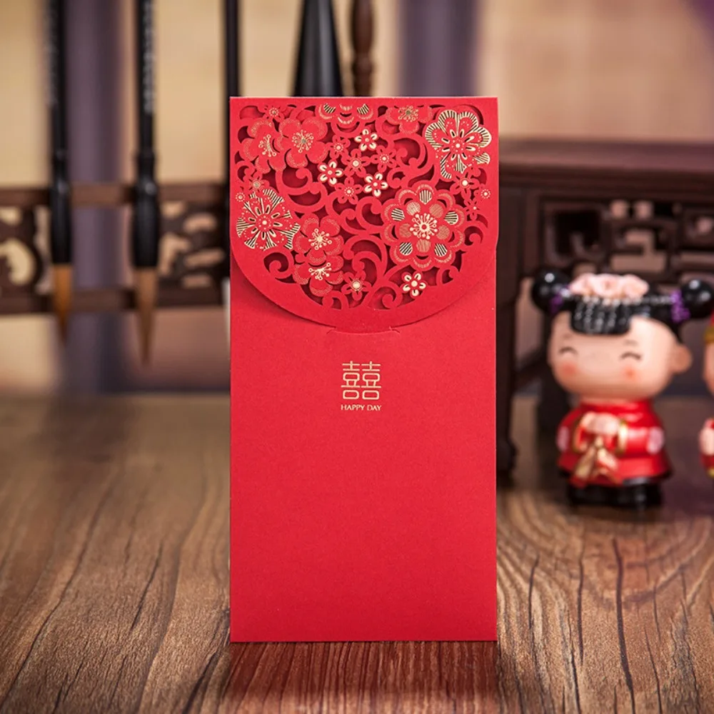 6pcs Laser Engraving Chinese Red Envelopes Hollow Rectangular Lucky Money Bag Embossed Three-dimensional HongBao Housewarming