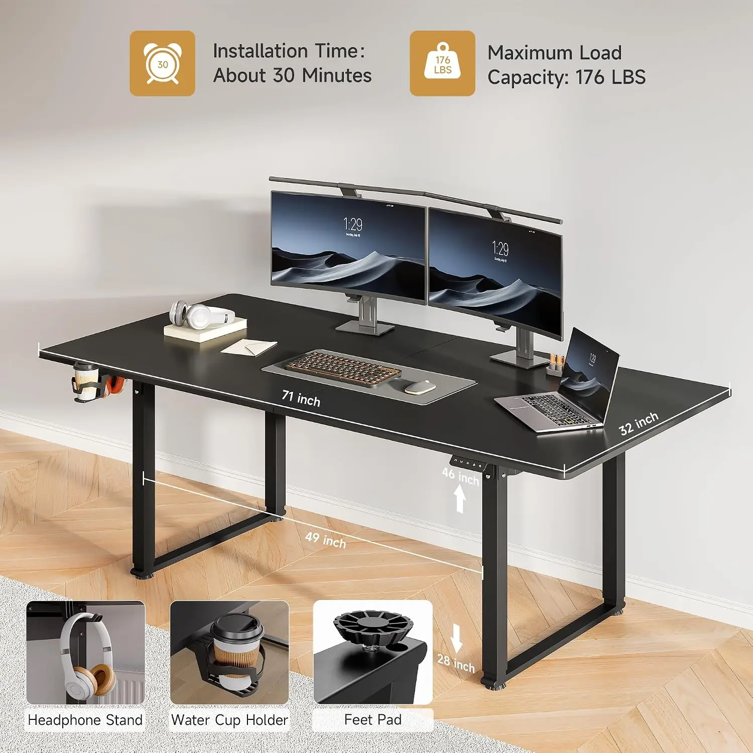 71x32 Inch Adjustable Standing Desk with 4 Legs, Stand-up Desk Features a Spacious Rectangular Top, Dual-Motor, Customized