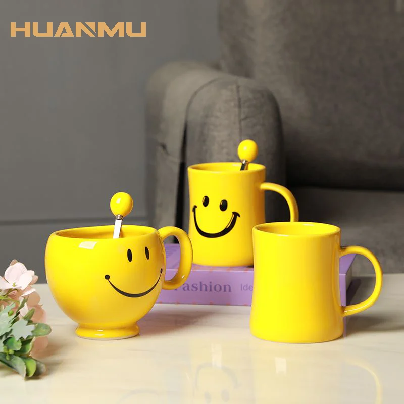 Taza de cerámica con cara sonriente para el desayuno, tazón de fideos de avena, taza de leche y agua con cuchara, Taza de cerámica para el hogar, resistente al calor