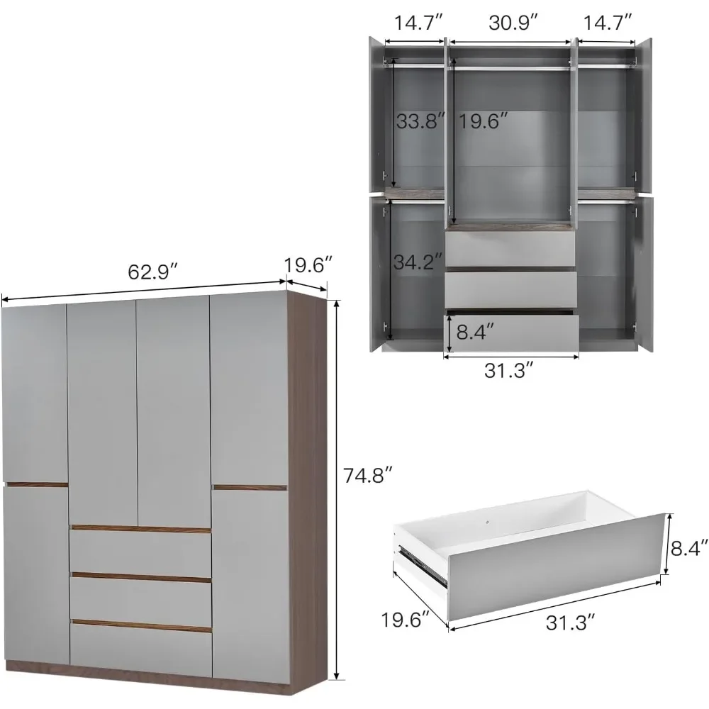 Armário de 4 portas, guarda-roupa cinza de madeira com 3 gavetas, guarda-roupa de quarto para armazenamento de grande capacidade